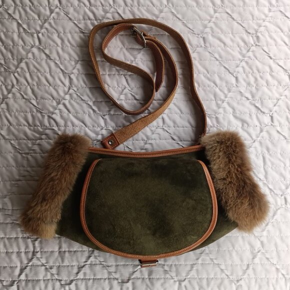 Vintage Green Suede Leather Shearling Fur Muff Adjustable Strap Purse w Pocket - Picture 3 of 13